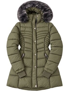 YMI Collection Olive Green Puffer Coat Faux Fur Hood Women’s Size Small